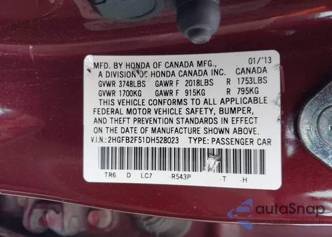 2013 Honda Civic Lx from USA, damaged, VIN 2HGFB2F51DH528023